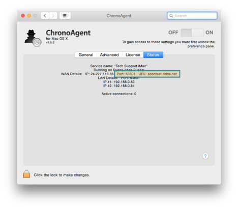 ChronoAgent Status panel Get your port number and hostname