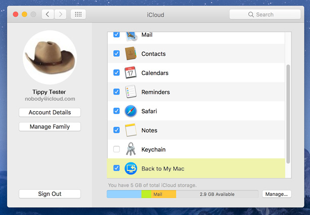 iCloud system preferences Turn on Back to My Mac