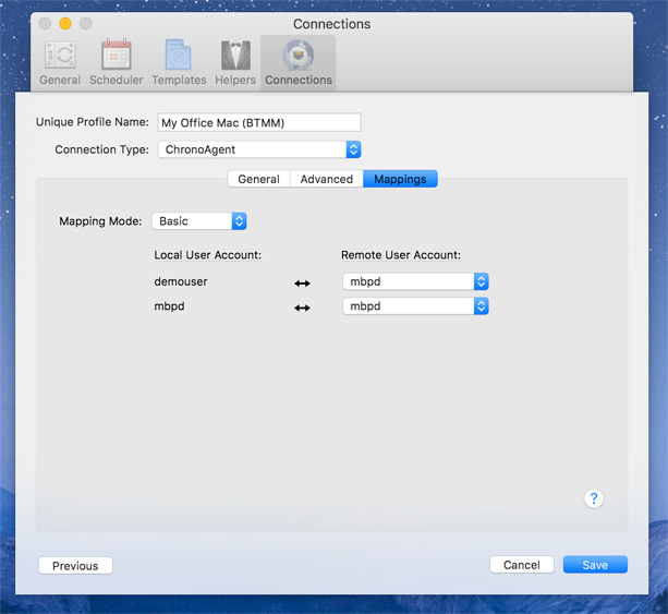 ChronoAgent Mappings panel setup Mappings connection profile panel
