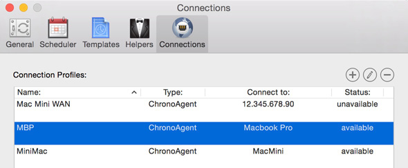 Connection profiles list Connect to ChronoAgent or InterConneX