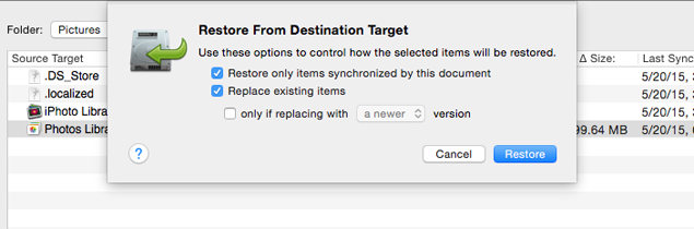Restore sheet Restore from Destination target
