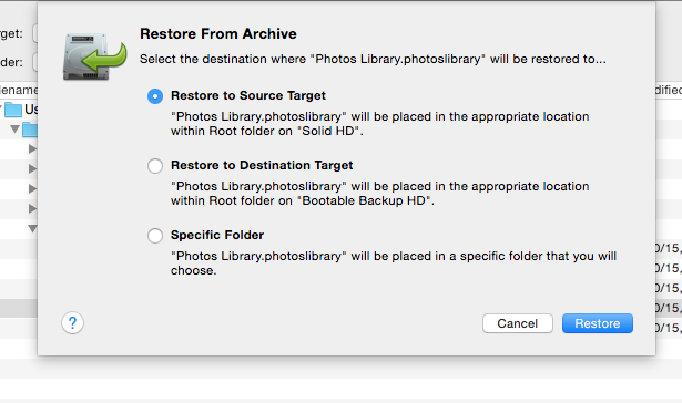 Restore sheet Restore to Source Target