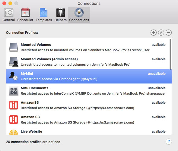 List of profiles already created Connection Profiles in ChronoSync