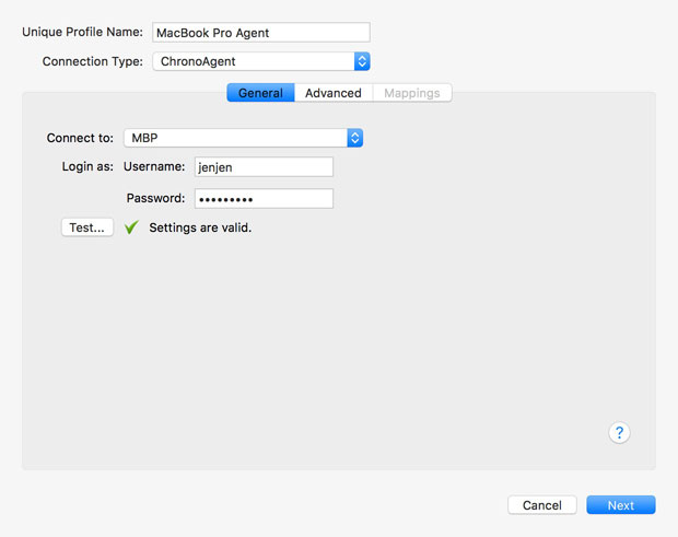 ChronoAgent Connection Profile General Settings General Panel Setup