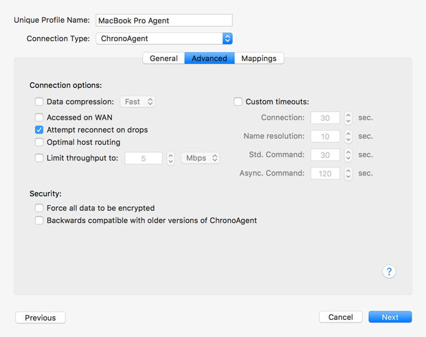 ChronoAgent Connection Profile Advanced Settings Advanced Panel Setup
