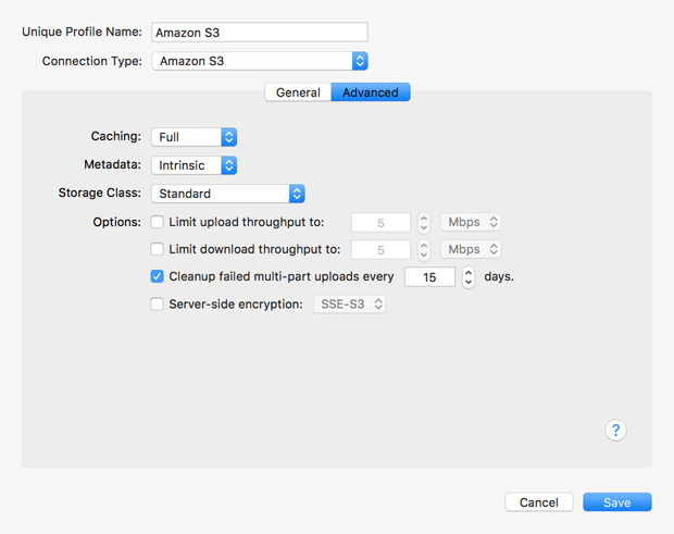 Settings for Amazon S3 Amazon S3 Advanced settings