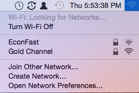 Wi-Fi setup Create Network from Wi-Fi menubar