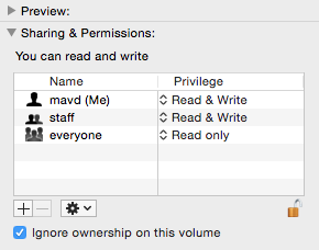 Get Info window Ignore ownership on this volume