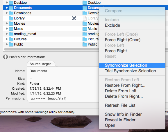 Actions menu Synchronize Selection in Actions menu