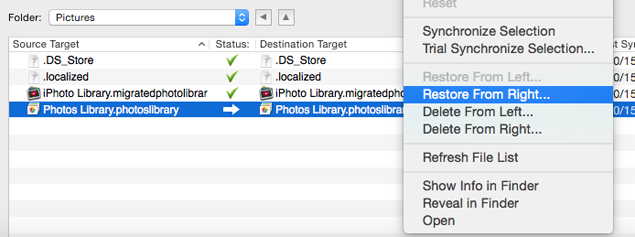 Restore in Actions menu Restore from right