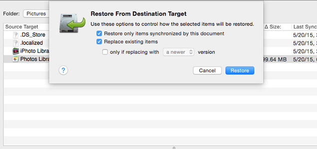 Restore Options sheet Restore from destination