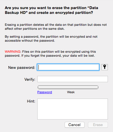 New password for encrypted hard drive Provide encryption password