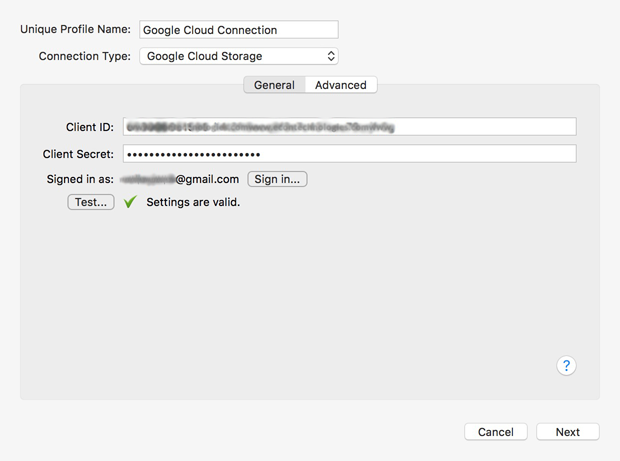 General panel Set up Google Cloud Connection