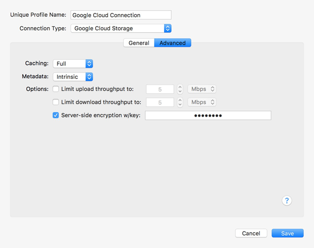 Advanced panel Advanced settings in connection profile