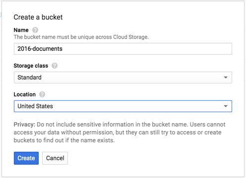 Create Google Cloud bucket Create a bucket