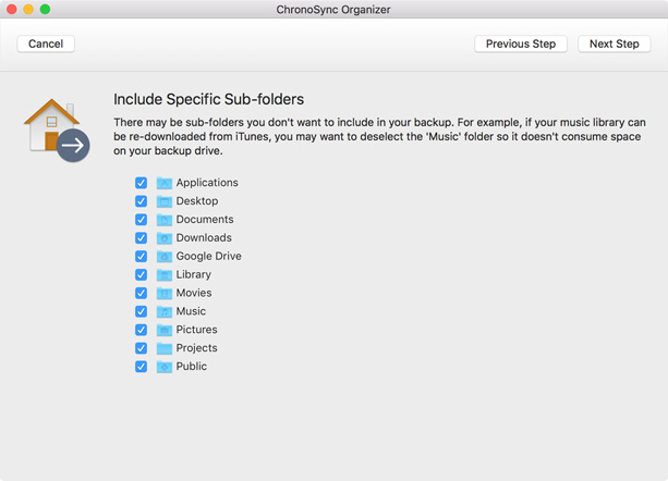 Choose sub-folders to include Include specific sub-folders