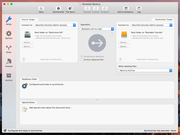 Setup panel Completed target selection