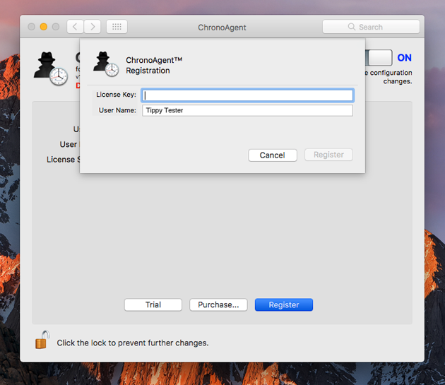 ChronoAgent License panel Register ChronoAgent