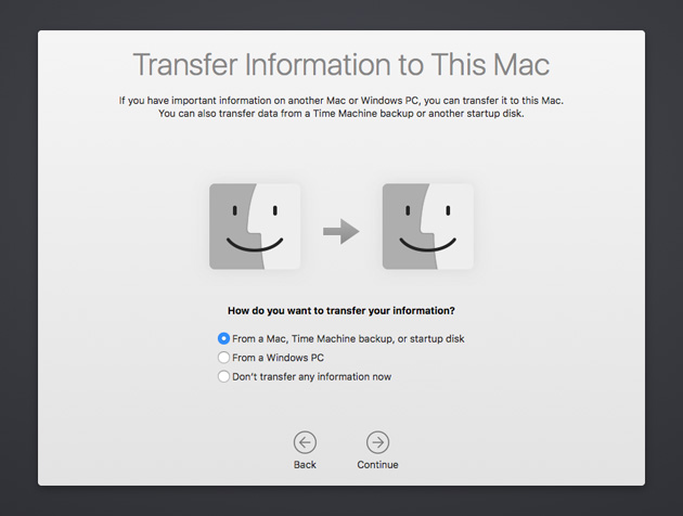 Configuration screen Transfer information to Mac