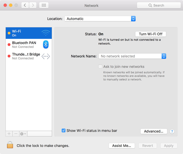 Wi-Fi setup Enable Wi-Fi in Network Preferences