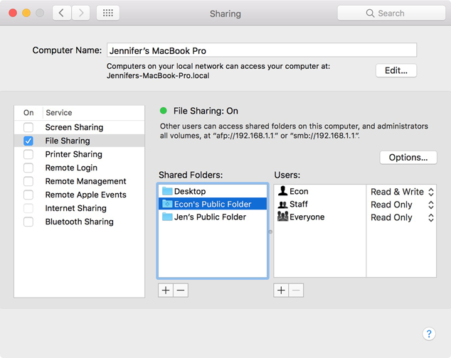 Enable file sharing File sharing panel