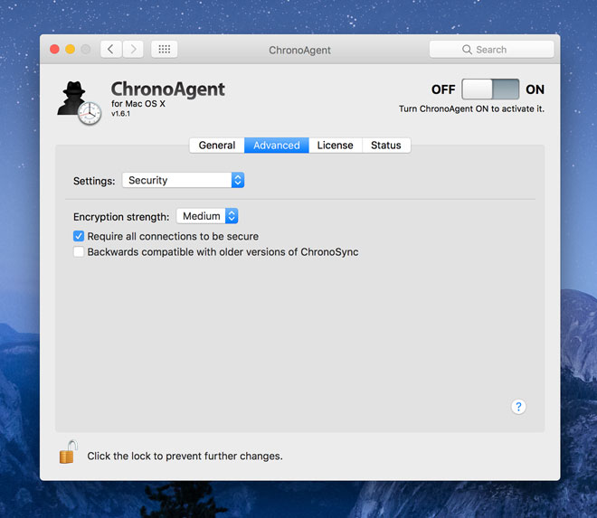 Security and encryption ChronoAgent Security settings