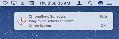 Scheduler prompt ChronoSync Scheduler prompting the user before running a backup