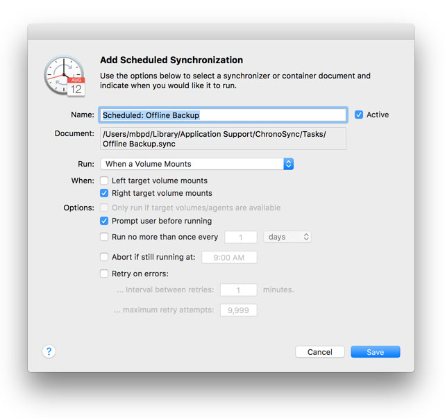 Run schedule when volume mounts Scheduling a backup to run when the destination volume mounts