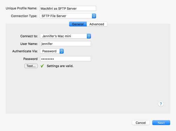 SFTP General Connection General Connection settings