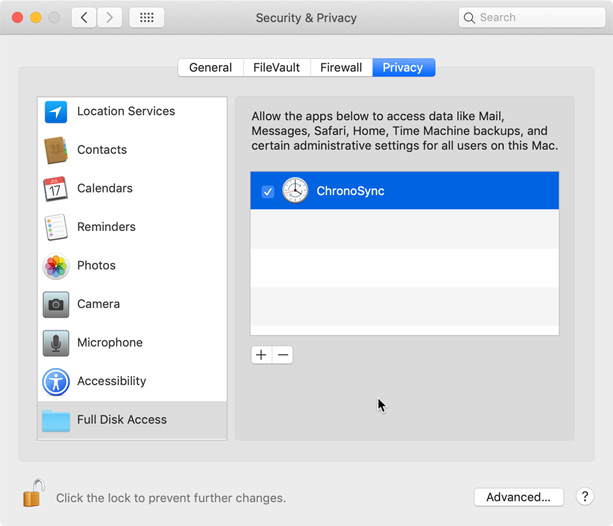 Add ChronoSync for Access Allow ChronoSync Access