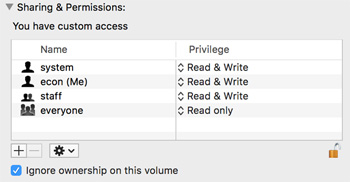 Get Info window Ignore ownership on this volume