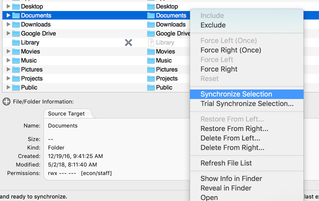 Actions menu Synchronize Selection in Actions menu