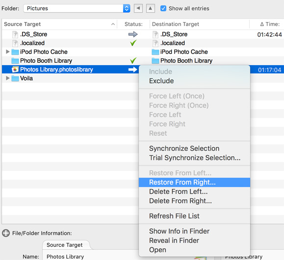 Restore in Actions menu Restore from right