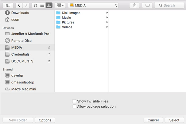 File selection Choose destination