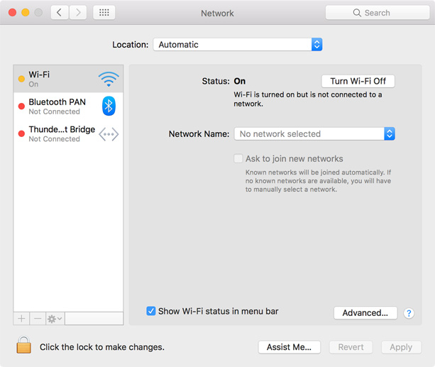 Wi-Fi setup Enable Wi-Fi in Network Preferences
