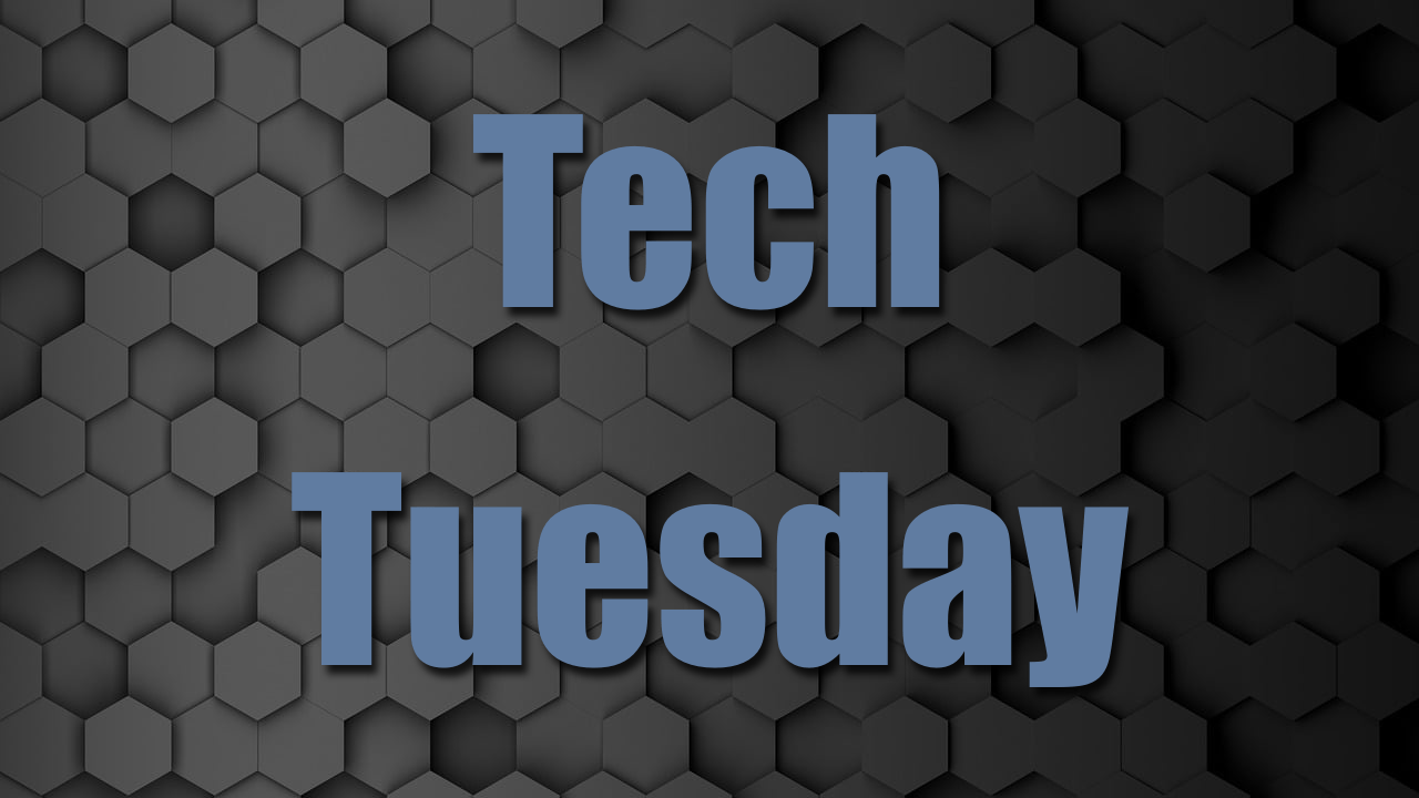 Dark gray geometric patterm with the words "Tech Tuesday" overlaid